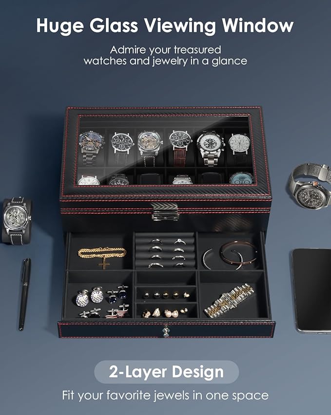 Kukikan Watch Box Jewelry Organizer, 12-Slot 2-Layer Watch Case Storage with Large Glass Lid, Watch Storage Case for Men with