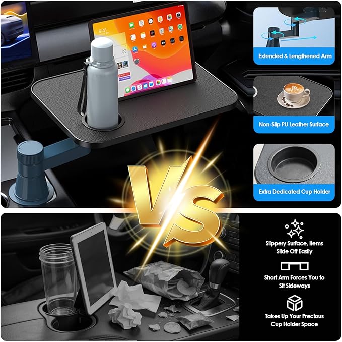 Car Tray& Car Desk for Laptop,Dual 360° Rotating,Anti Slip Leather Surface, Food Tray, Cup Holder Table Compatible with Tesla Model Y/3/S, Ford F150/Explorer/Maverick/Home Theater Seating (Black)