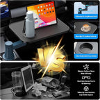 Car Tray& Car Desk for Laptop,Dual 360° Rotating,Anti Slip Leather Surface, Food Tray, Cup Holder Table Compatible with Tesla Model Y/3/S, Ford F150/Explorer/Maverick/Home Theater Seating (Black)