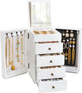 Meangood Jewelry Box Wood for Wowen, 5-Layer Large Organizer Box with Mirror & 4 Drawers for Rings, Earrings, Necklaces, Whit