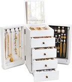 Meangood Jewelry Box Wood for Wowen, 5-Layer Large Organizer Box with Mirror & 4 Drawers for Rings, Earrings, Necklaces, Whit