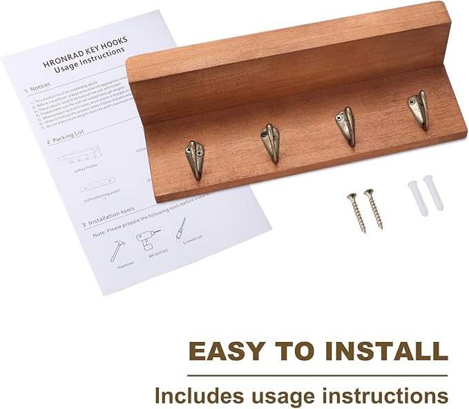 HRONRAD Rustic Key Holder for Wall, Farmhouse Wall Shelf with 4 Hooks, Wall Mounted Key Racks, Wooden Mail Organizer with Hoo