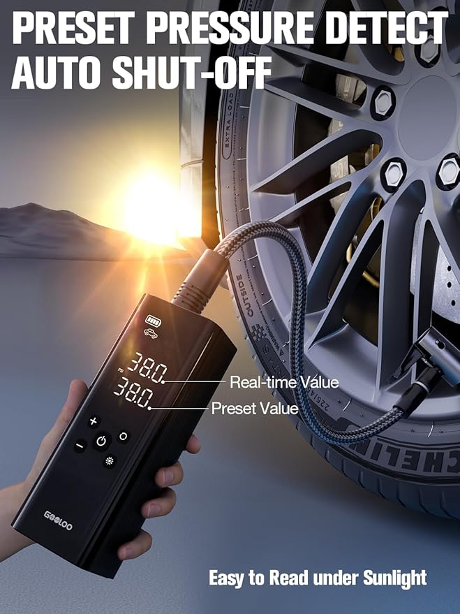 GOOLOO GT150 Tire Inflator Portable Air Compressor，4X Faster 150PSI Cordless Air Pump for Car Tires with Tire Pressure Gauge, Smart Electic Tire Pump with Auto-Shutoff for Pickup, Motor, Bike，Balls