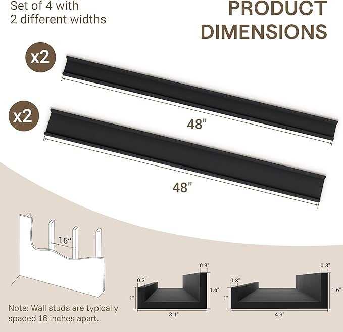Fun Memories Picture Ledge Shelves Set of 4-48 Inch Shelves with Lip - Large Nursery Bookshelf for Storage - Floating Shelf W