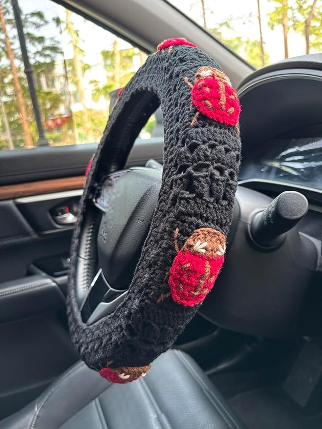 Crochet Ladybug Steering Wheel Cover Universal 14-15 inch (D,Steering Wheel Cover)