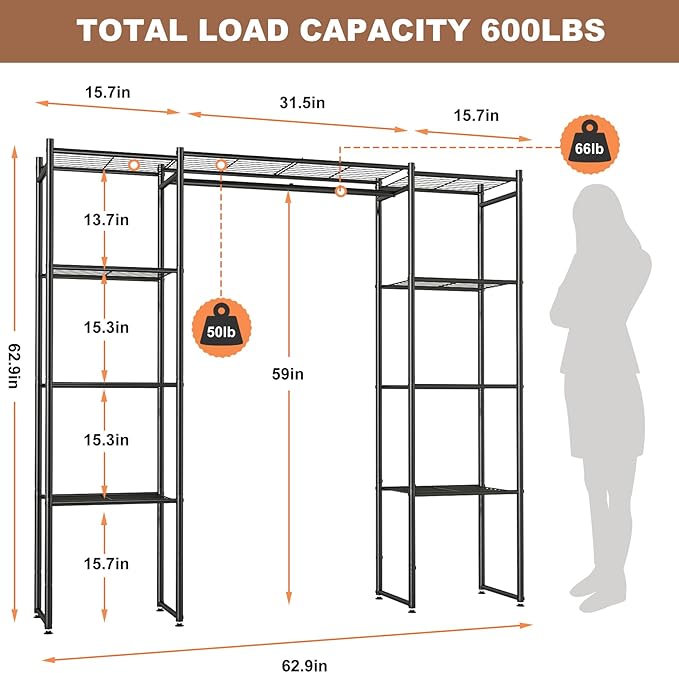Neprock Portable Closet Wardrobe, Metal Clothing Rack with 8 Shelves & 1 Hang Rod, Free Standing Closet Rack for Hanging Clot