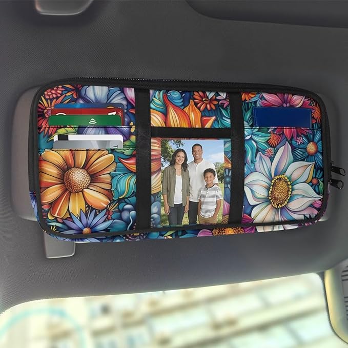 Tropical Flower Car Visor Organizer for Women Multi-Pocket Auto Visor Organizer Universal Fit for Car, SUV and Truck, Card Holder Adjustable Velcro Strap Cars Storage Pouch Washable