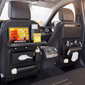 Universal Premium Leather Foldable Car Backseat Organizer with Table Tray, Car Seat Back Protector with Garbage Bag Touch Screen Pad Holder, Car Kick Mats Protector with Tissue Holder (Black)