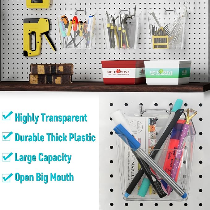 Pegboard Hooks Organizers - Peg Board Baskets Clear Cups Multiple Hangers 33 Pack - Display Shelving Tool Organizer Set for C