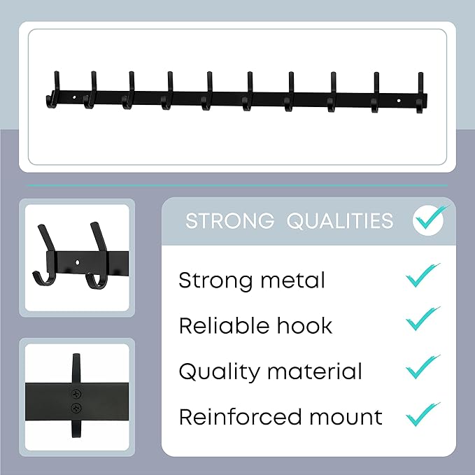 Matte Black Coat Rack Wall Mount – 30 Inch Stainless Steel Hook Rail with 10 Double Coat Hooks – Wall Mounted Entryway Organi