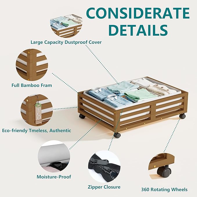Bamboo Under Bed Storage Containers- Underbed Organizer with Wheels with Large Capacity Dust Bag,Sturdy Wood Rolling Under Be