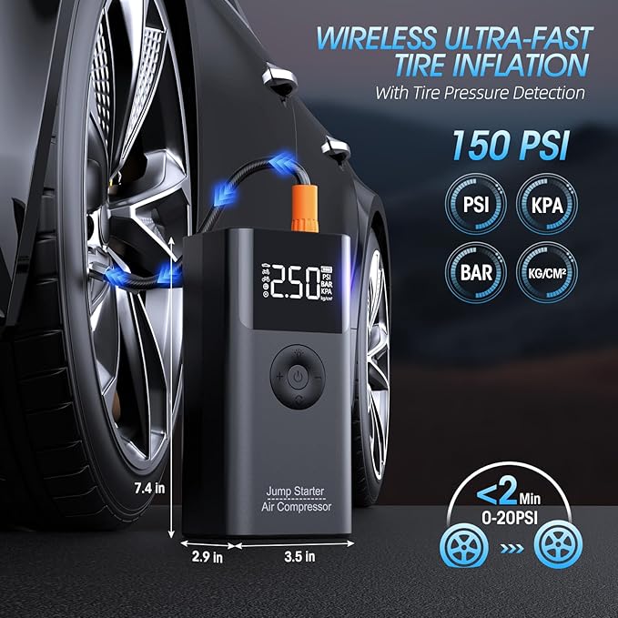 Jump Starter with Air Compressor LERTIN 2500A 150PSI Portable Car Battery Jump Starter Pack 12V Jump Box with USB Fast