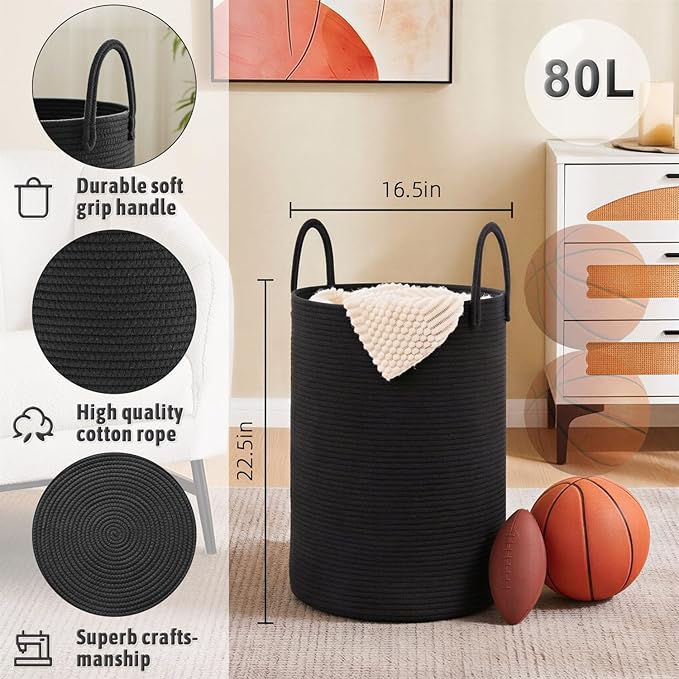 Artfeel Laundry Basket,Woven Cotton Rope Laundry Hamper,80L for Decorative Storage of Dirty Clothes,Toys and Blankets in Bath