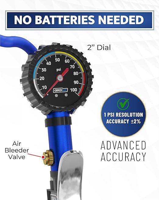 Tire Inflator with Pressure Gauge Heavy Duty Air Chuck with Gauge for Air Compressor Tire Inflator Attachment - 100PSI, with Case