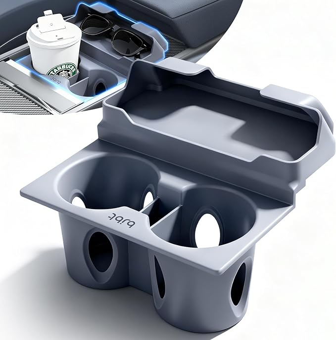 for Tesla Cup Holder Insert, 2-in-1 for Model Y Juniper(2025/2026)& Model 3 Highland(2024/2025) with Storage Compartment - Gr