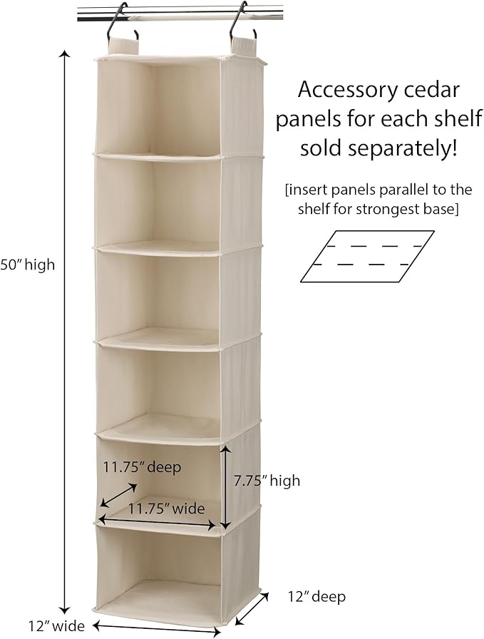 Household Essentials Cedarline 6-Shelf Hanging Closet Organizer, Heavy-Duty Cotton Canvas, Breathable, Versatile, Compact, Pe