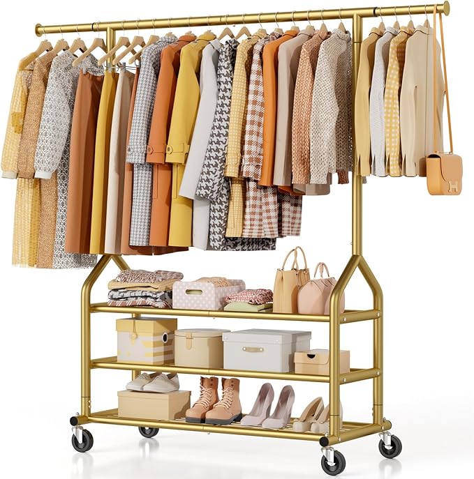 EAGMAK Heavy Duty Clothes Rack Load 688 LBS, Rolling Clothing Rack With 3 Shelves, Adjustable Metal Clothes Hanger with Wheel