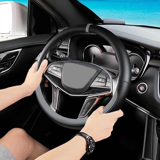 Black Gray Car Steering Wheel Cover, Nappa Leather, Bottom Color Blocking, Universal 14.5-15 Inch Leather Anti-Slip Breathabl