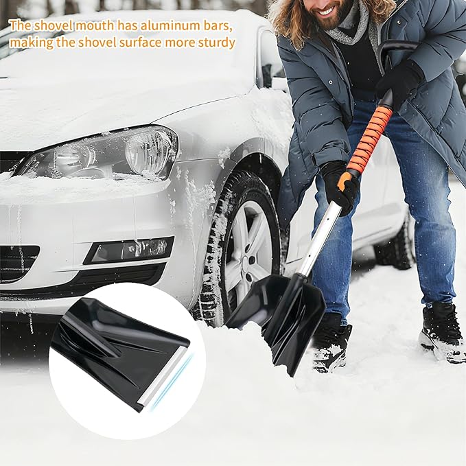 43.3'' Snow Shovel & Snow Brush with Ice Scrapers for Car Windshield,5-in-1 Extendable Thicken Aluminum Tube,180° Pivoting Brush Head & Foam Grip for Christmas, Cars, Trucks, SUVs, Vehicle(Orange