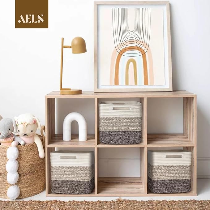 AELS Hand Woven Cotton Baskets for Storage, Cube Storage Bins with Handles, Foldable Collapsible Closet Organizers and Storag