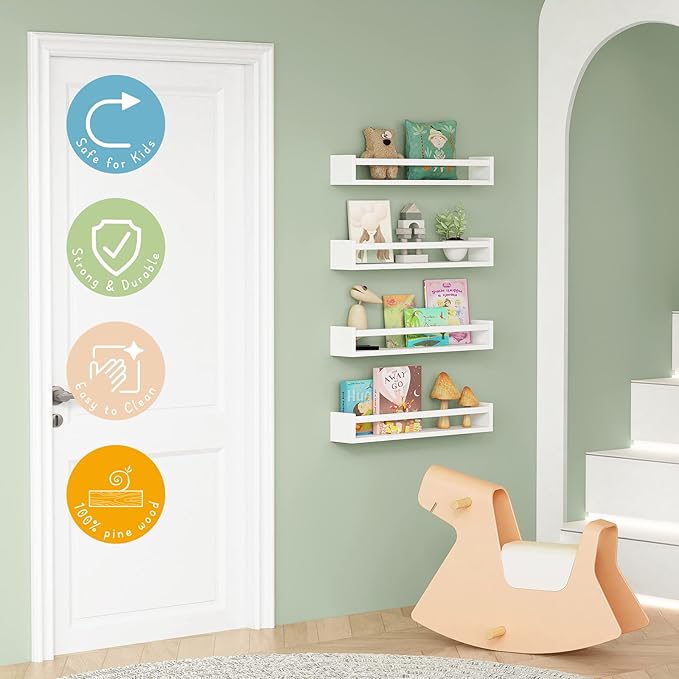 Forbena 24 Inch Wall Bookshelf for Kids Bedroom Set of 4, White Floating Nursery Book Shelves for Baby Toddler Children Girls