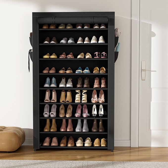 VILICK Shoe Rack with Cover Narrow Shoe Organizer with Pockets 10 Tier Tall Shoe Storage Holds 36-41 Pairs Shoes and Boots Sh