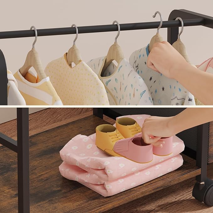 BBLIKE 3in1 Diaper Caddy Organizer - Diaper Caddy & Rolling Diaper Cart with Kids Clothing Rack for Nursery and Baby Essentia