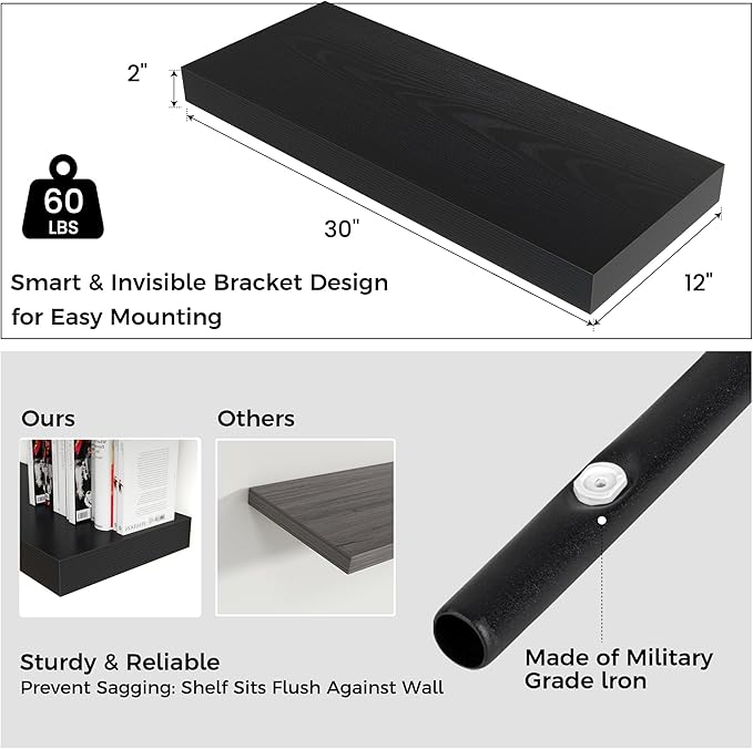 Floating Shelves for Wall, 30" W x 12" D x 2" H, 2 Pack of Long Wall Mounted Engineered Wood Shelves with Invisible Brackets 