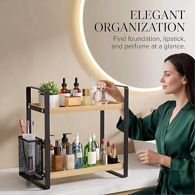 LEMIKKLE 2-Tier Wood Bathroom Counter Organizer with Basket,Waterproof Vanity Perfume Skincare Storage for Bathroom, Kitchen,