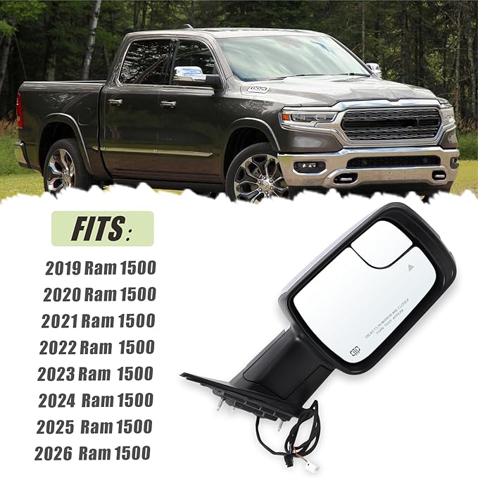 Right Passenger Side Mirror Fits 2019 2020 2021 2022 2023 2024 2025 2026 Ram 1500 With Power Folding Power Glass Heated Turn Signal Puddle Light Blind Spot Chrome Replace#68276502AH(9+2Pins)