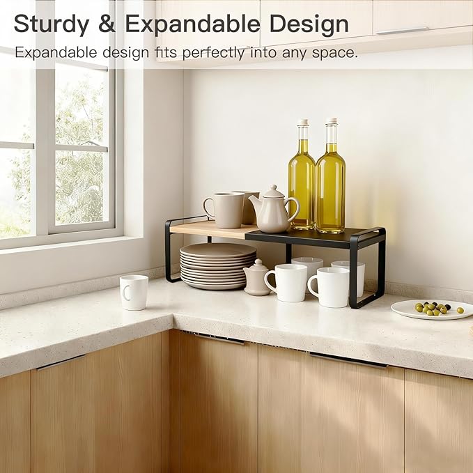 Expandable Kitchen Counter Shelf Organizer, Black Coffee Bar Accessories & Station Decor, Industrial Cabinet Riser with [Secu