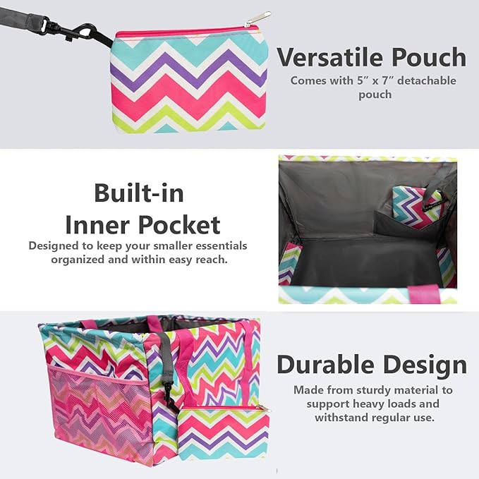 Extra Large Utility Tote Bag - Oversized Collapsible Tote with Wire Frame, Durable Reusable for Beach, Groceries, Laundry, Car Trunk, Storage and Travel - Includes 5x7 Bag with Hook - Chevron Multi