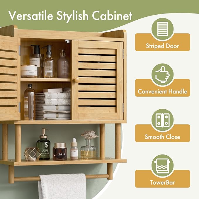AmazerBath Bathroom Wall Cabinets, Large Bamboo Medicine Cabinets with Towel Bar, Hanging Over Toilet Storage Organizer Cabin