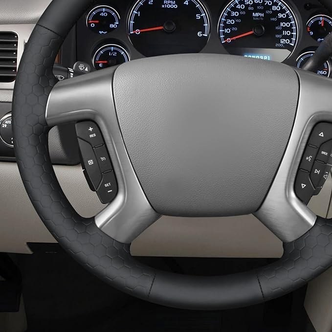 MEWANT DIY Hand Stitch Steering Wheel Cover for Chevy Silverado 1500 Avalanche Hive Embossed Faux Leather Steering Wrap