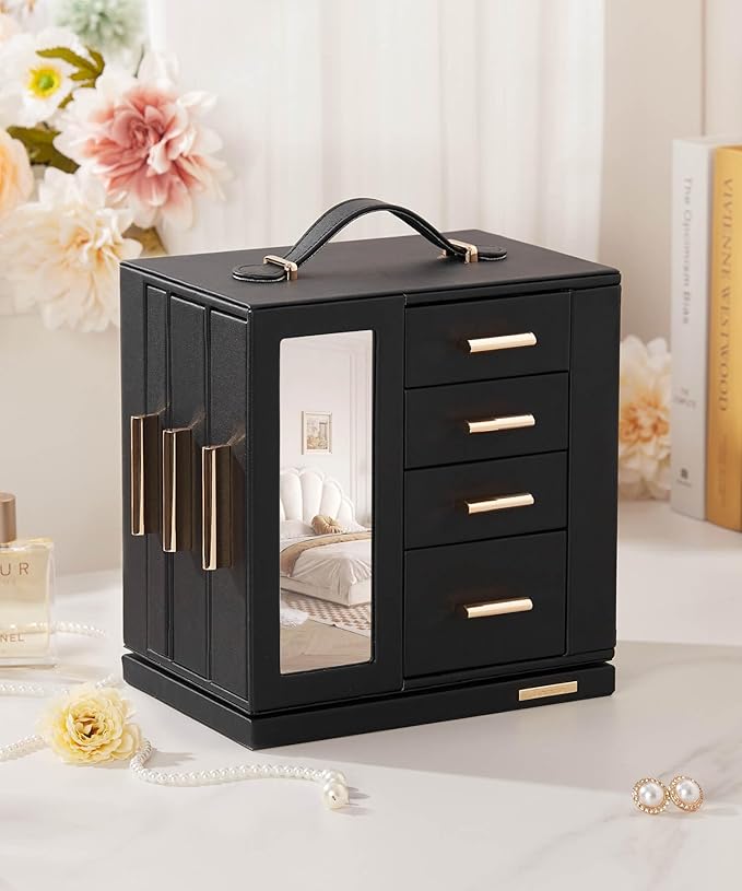 Homde Jewelry Box for Women Large: Rotating Organizer for Ring Earring Necklace Bracelet - 7 Drawers Storage for Dresser (Bla