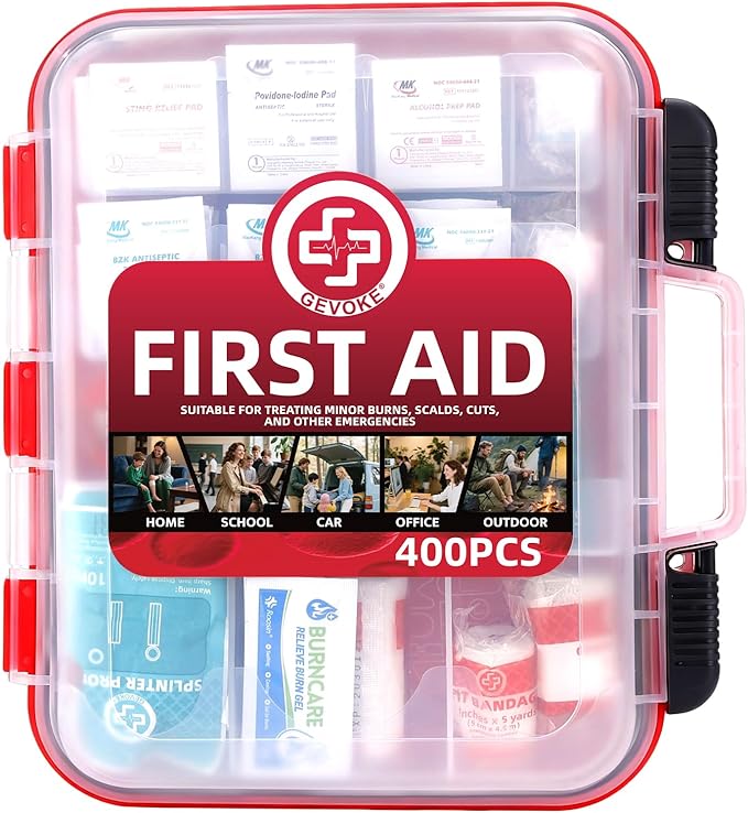 400 Piece First Aid Kit - Organized Dual-Layer Wall-Mountable Hard Case Medical Kit for Home, Car, Camping, Travel, Hiking, T