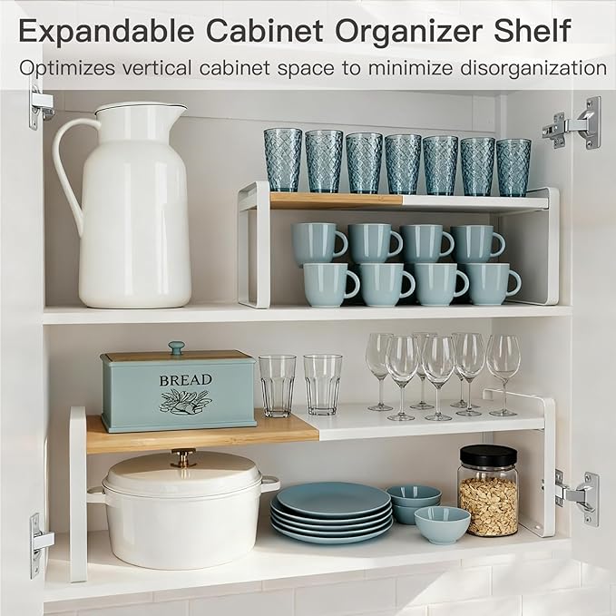 Expandable Cabinet Shelf Organizer & Spice Rack, Stackable Kitchen Counter Riser with Anti-Slip Legs, Bamboo Cupboard Storage