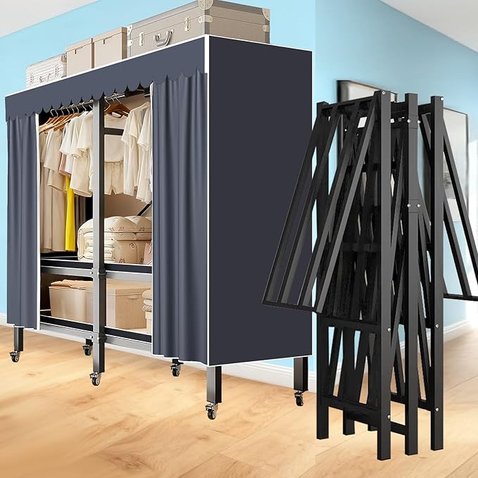Garment Rack with Cover, Heavy Duty Portable Wardrobe Closet 2000LB, Foldable Clothe Rack with Wheel, Clothes Rack for Hangin