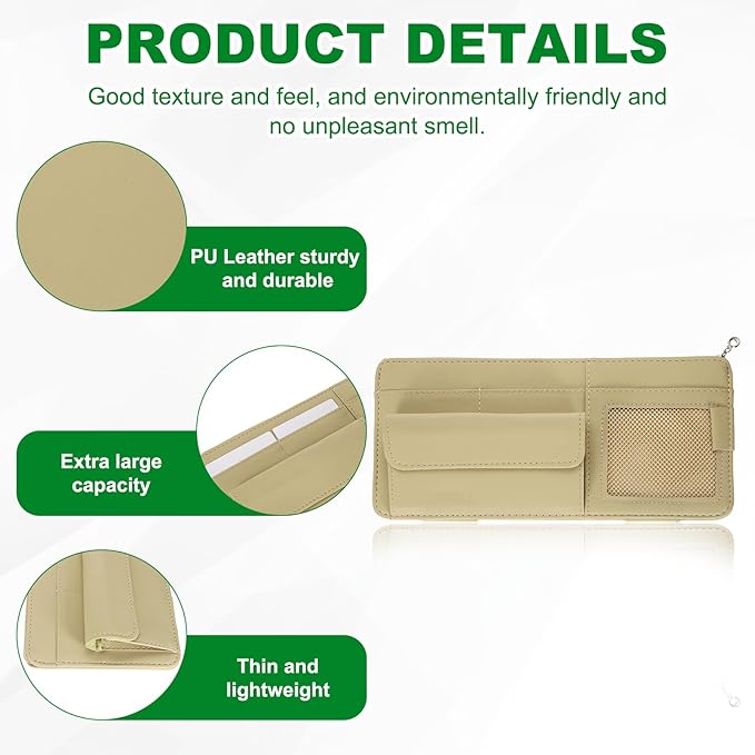 PATIKIL 1 Pcs Car Sun Visor Organizer, 12.8 x 6.5 Inch PU Leather Vehicle Storage Pouch Holder for Sunglasses Card Pen Driver License Car Accessories, Beige