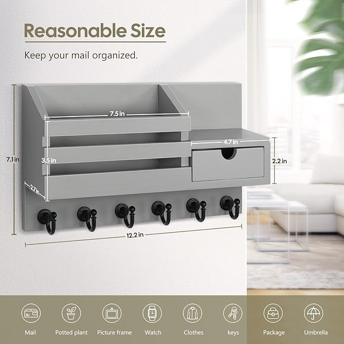 FifthQuarter Key and Mail Holder for Wall, Mail Organizer Wall Mount with 6 Hooks and Storage Drawer, Easy Installation Key R