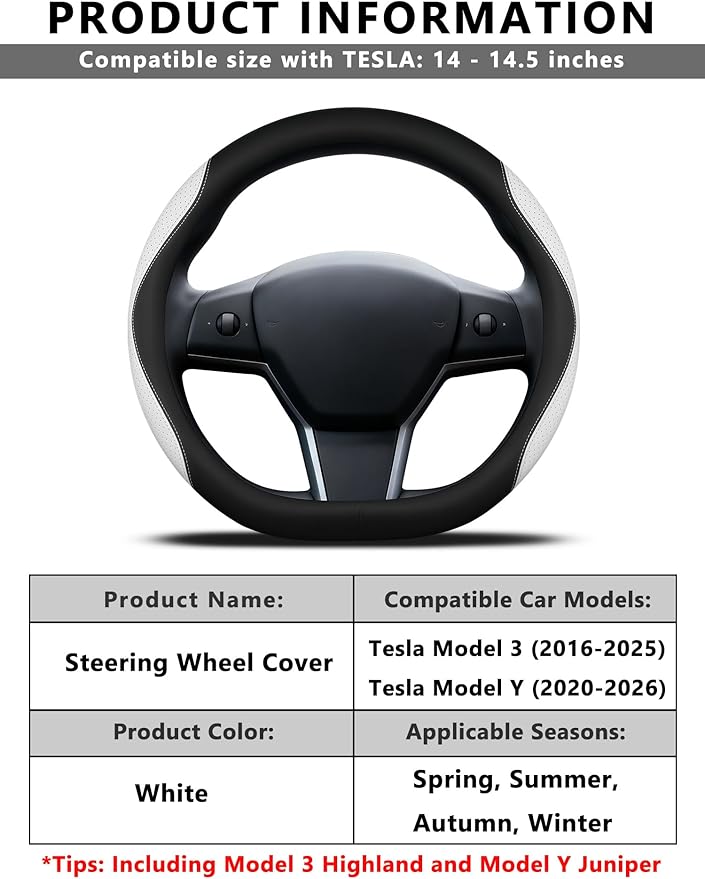 Custom Fit for Tesla Steering Wheel Cover Model 3 (2017-2026) & Model Y (2020-2026), Leather Designed for Tesla Highland/Juni