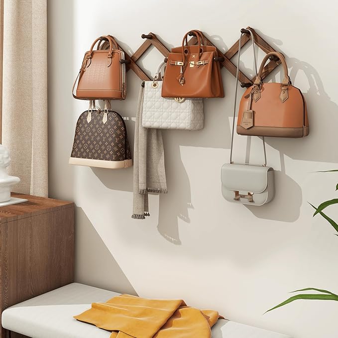 Homode Vintage Wood Expandable Peg Rack- Multi-Purpose Accordion Wall Hangers with 13 Hooks for Hats, Coat, Mugs, Scarf, Jewe