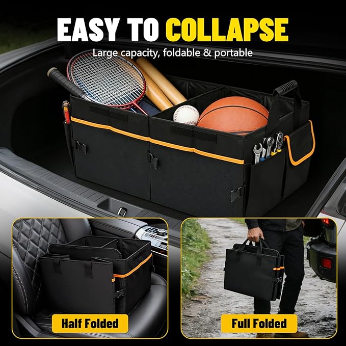95L Car Trunk Organizer with 2 Tie-Down Straps&2 Removable Dividers|Foldable Cover,Multi-Compartment Collapsible Storage Box f
