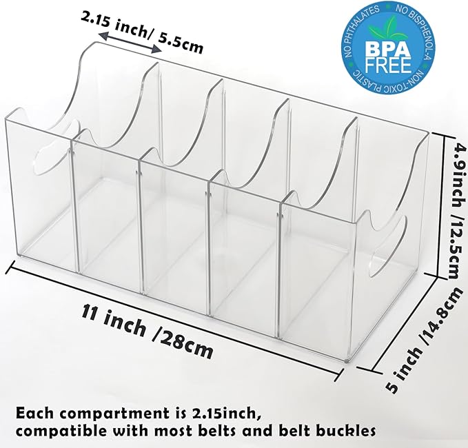 Belt Organizer - Clear Stackable Belt holder for Closet and Drawer Storage - 5 Compartments with Removable Dividers, Multi-Pu