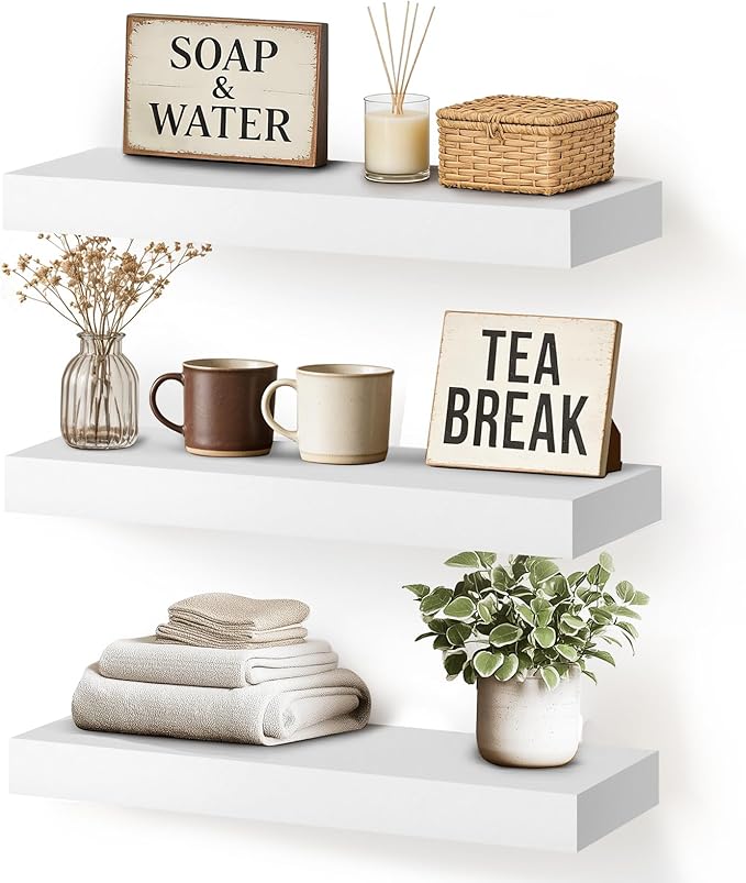 Floating Wall Shelf 16x6.8x1.7 Inch – Solid Wood Shelf in White Finish – Wall Mounted Rustic Display Organizer for Bathroom, 