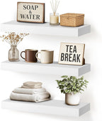 Floating Wall Shelf 16x6.8x1.7 Inch – Solid Wood Shelf in White Finish – Wall Mounted Rustic Display Organizer for Bathroom, 