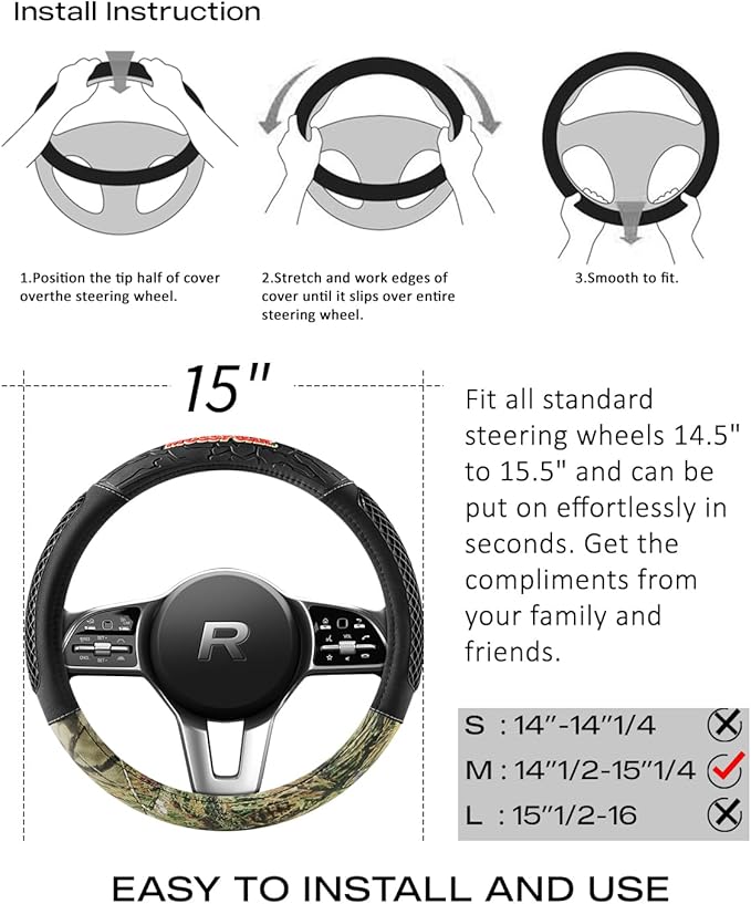 Mossy Oak Camo Steering Wheel Cover - PVC Leather and Cotton Twill, Universal Fit 14 1/2 inches to15 inches - Official Licensed Product…