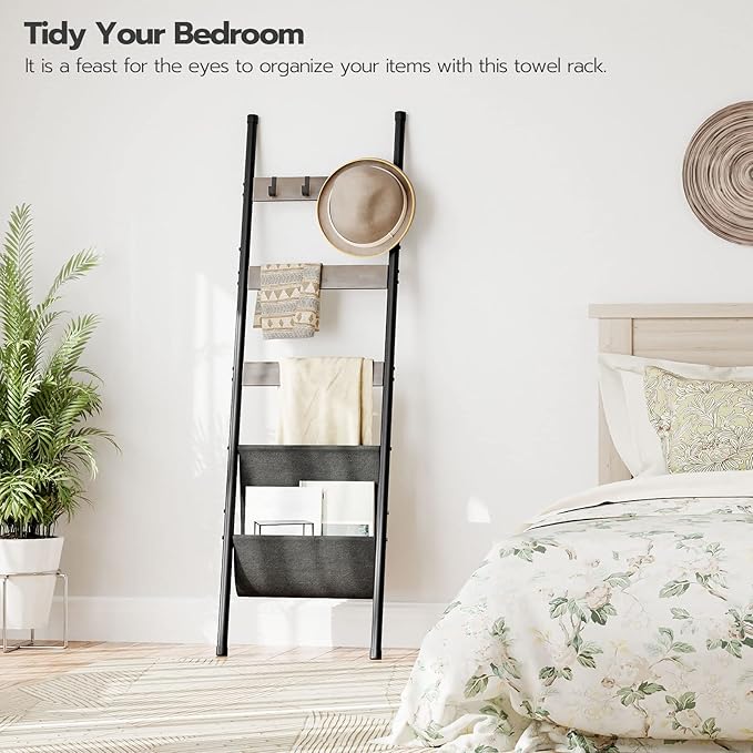 HOOBRO Blanket Ladder, 5 Tier Towel Rack, 17.3" L x 63" H, Wall-Leaning Blanket Rack for Living Room, Decorative Ladder with 