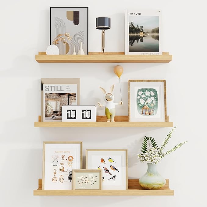 Axeman Picture Ledge Shelf | 24 Inch Oak Floating Shelves Set of 3 | Rustic Wood Wall Shelves with Lip | 24" Oak Picture Shel