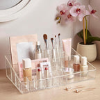 STORi Audrey Clear Vanity Makeup Organizer | 15-Compartment Holder for Brushes, Eyeshadow Palettes, & Beauty Supplies | Stack